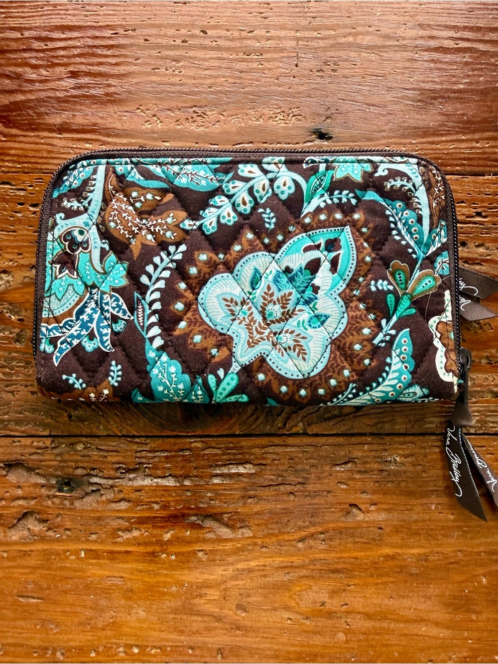 Vera Bradley Brown Teal Quilted Zip Card Holder